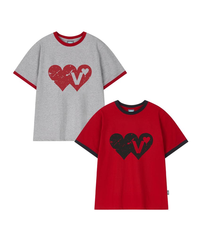 VIDEO JOCKEY Double Heart Ringer T-Shirt [Melange Gray]