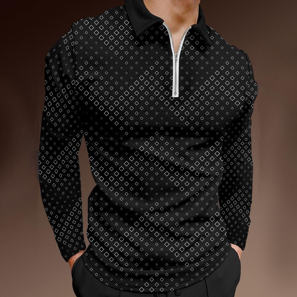 Herren-Revers-Langarm-bedrucktes Freizeit-Oberteil, lockeres Sport-Revers-Hemd