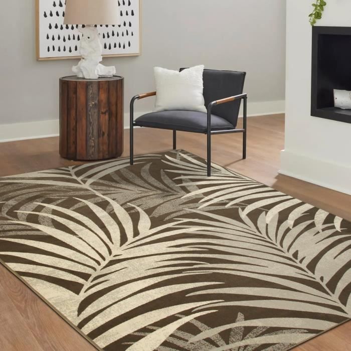 Tapis salon doux motif tropical 190x240 taupe