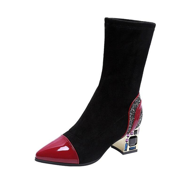 Fashion Pointed Toe Sock High Boots  New Luxury Rhinestone Square Heel Short Boots Winter Shoes Black Female Footwear