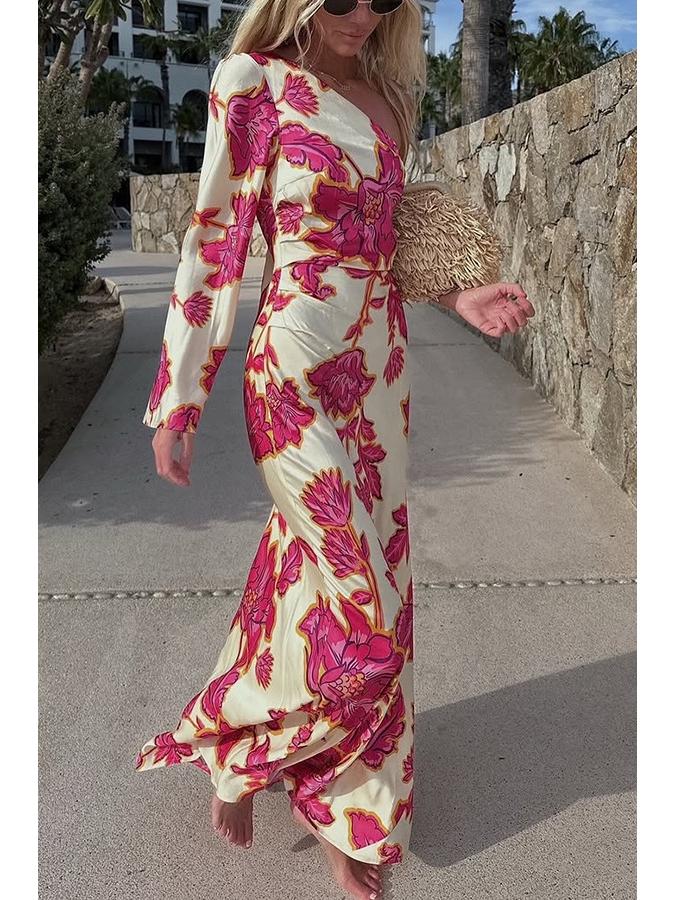 2025 Elegantes langes Ein-Schulter-Kleid mit Rosenprint aus Satin für Damen