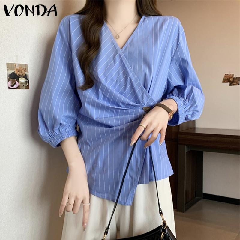 VONDA Women Autumn V-Neck Striped 3/4 Sleeve Button Trim Shirts