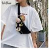 Bear Print Canvas Bag Women Trendy Cute Student Chest Bag Fashion Shoulder Crossbody Waist Pack