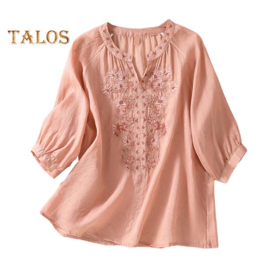 

Летняя женская рубашка с V-образным вырезом и цветочной вышивкой, рукава три четверти, свободная однотонная ретро-мама, женская повседневная блузка среднего возраста 3XL оранжевый