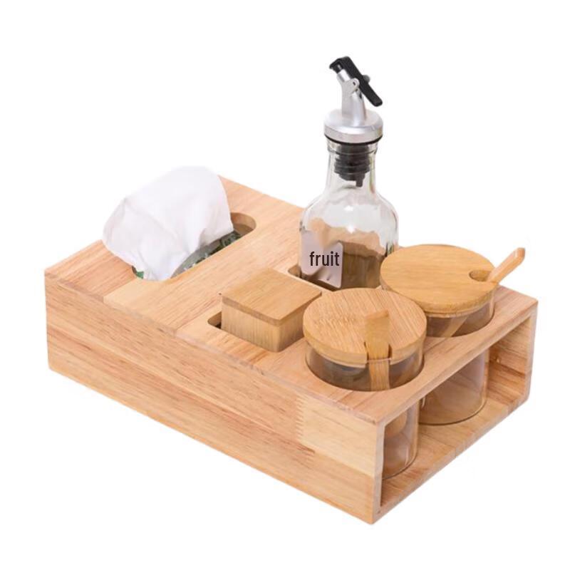 Tabletop Condiment and Seasoning Set with Solid Wood Base