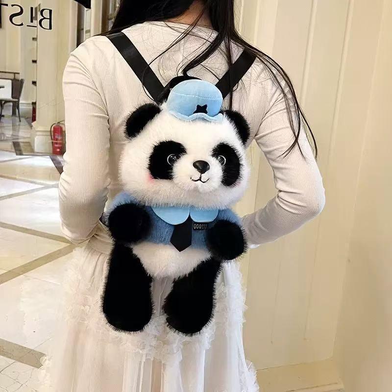 Police Panda Plush Backpack For Girls With Zipper Closure And Design Cartoon