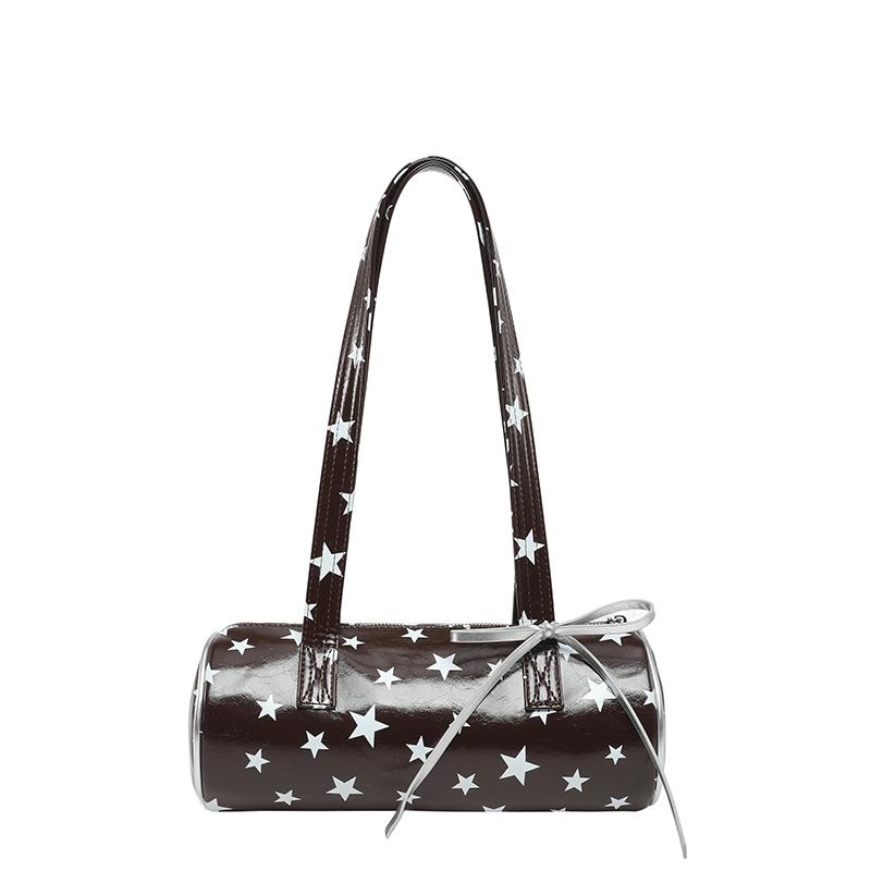Fashion Star Print Barrel Sweet Youth Shoulder Bags Hot Sale with Bow Retro Mini Hobo Purse Cute Glossy Cylinder Women's Handbag