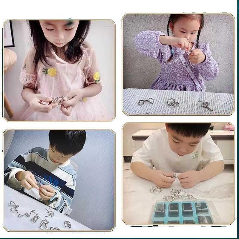 Devítičlenná kovová dětská hlavolamová hračka pro dospělé, volnočasová, snižující stres, inteligenční spona, 8dílná sada s odnímatelnou sponou