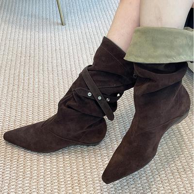 Dámské boty s špičatou špičkou, ploché, designové, semišové, gotické boty, hit, zimní Chelsea boty, nové, trend pro chůzi, šaty, Mujer Botas
