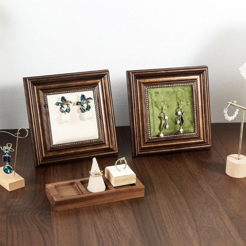 Scandinavian Inspires Wooden Jewelry Presentation Stand Velvets Lining Earrings Ring Accessories Holder