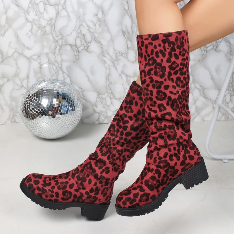 Large Size Leopard Print Suede Thick Heel Fashion Boots Women's Autumn and Winter New Fashion Versatile Wrinkled Stacking Boots