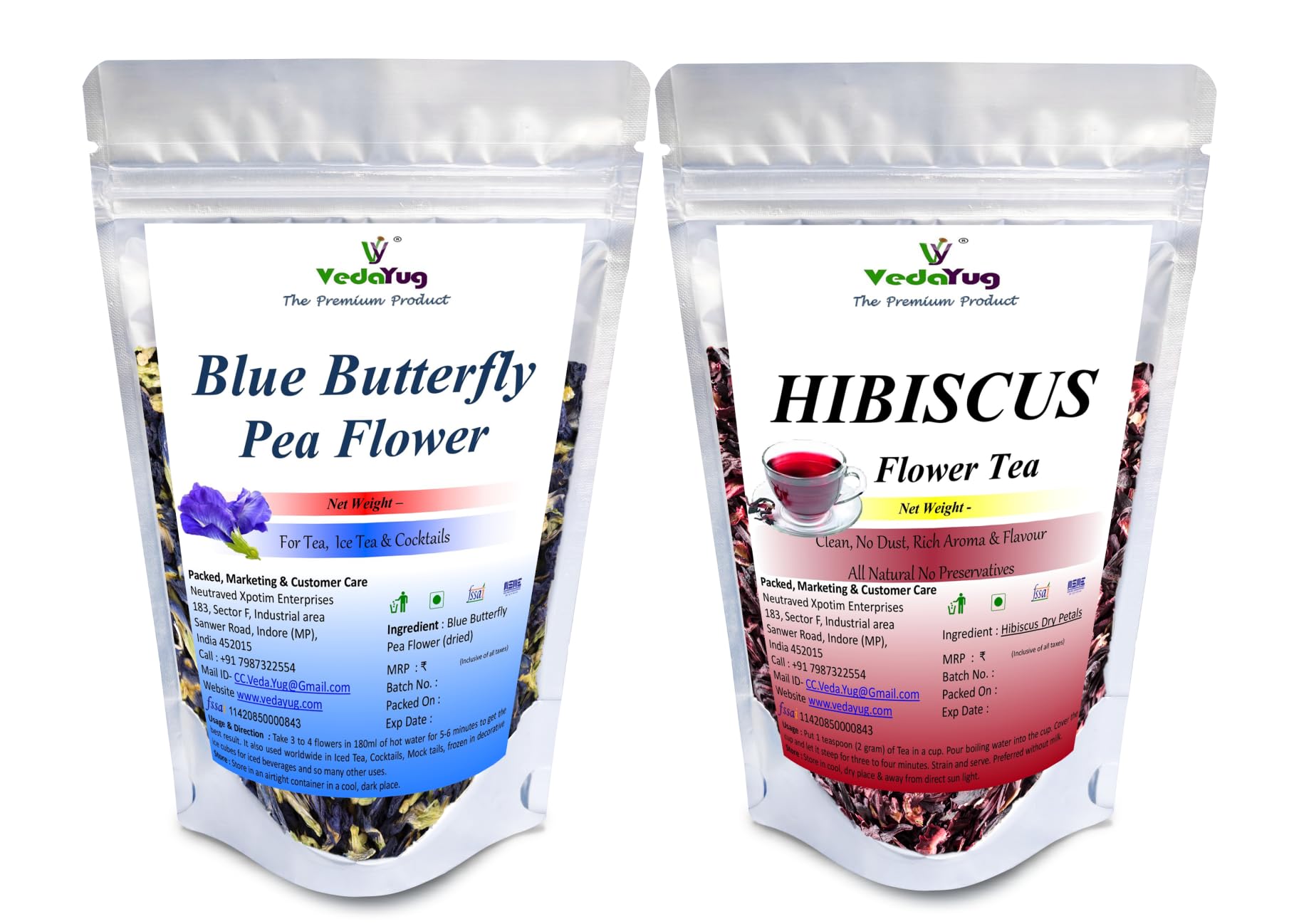 VY VedaYug Herbal Tea Combo Pack | Blue Butterfly Pea Flower 20g & Hibiscus Flower 30g | Caffeine Free Herbal Tea | Total Weight 50g