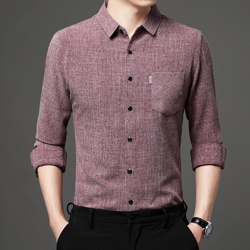 Spring New Long-sleeved Cotton and Linen Shirts for Men, Business Casual Tops, Real Pockets, Middle-aged Bottoming Shirts for Men