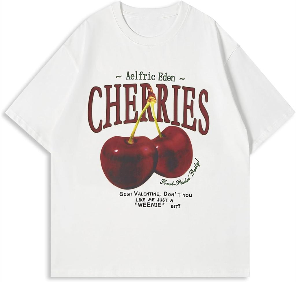 Cherries Print TShirts Casual Daily Womens Short Sleeve Casual LooseFit Crew Neck Top Essential Versatile Style Shirts