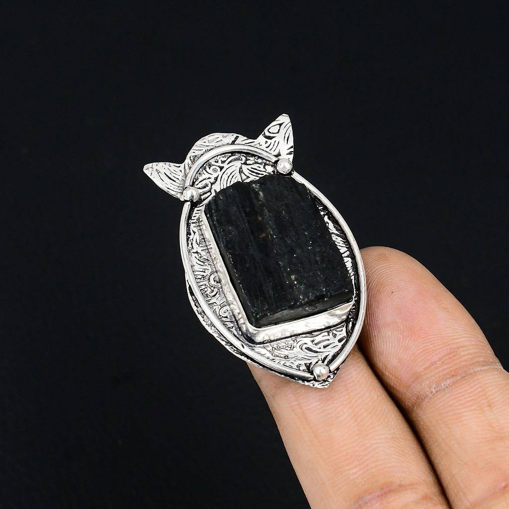 Black Tourmaline Rough Stone Wife Trendy Wedding Ring 925 Sterling Silver US 6.5