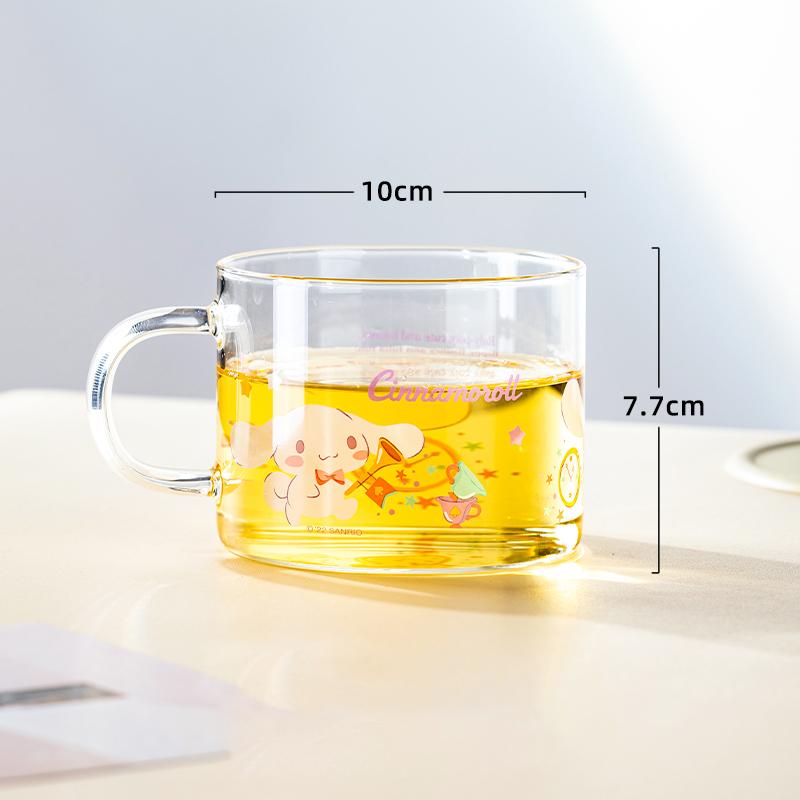 For Sanrio Pochacco Kuromi Glass Cup Cartoon Transparent Water Cup Home Breakfast Oatmeal Mug with Colored Handle Gifts for Kids