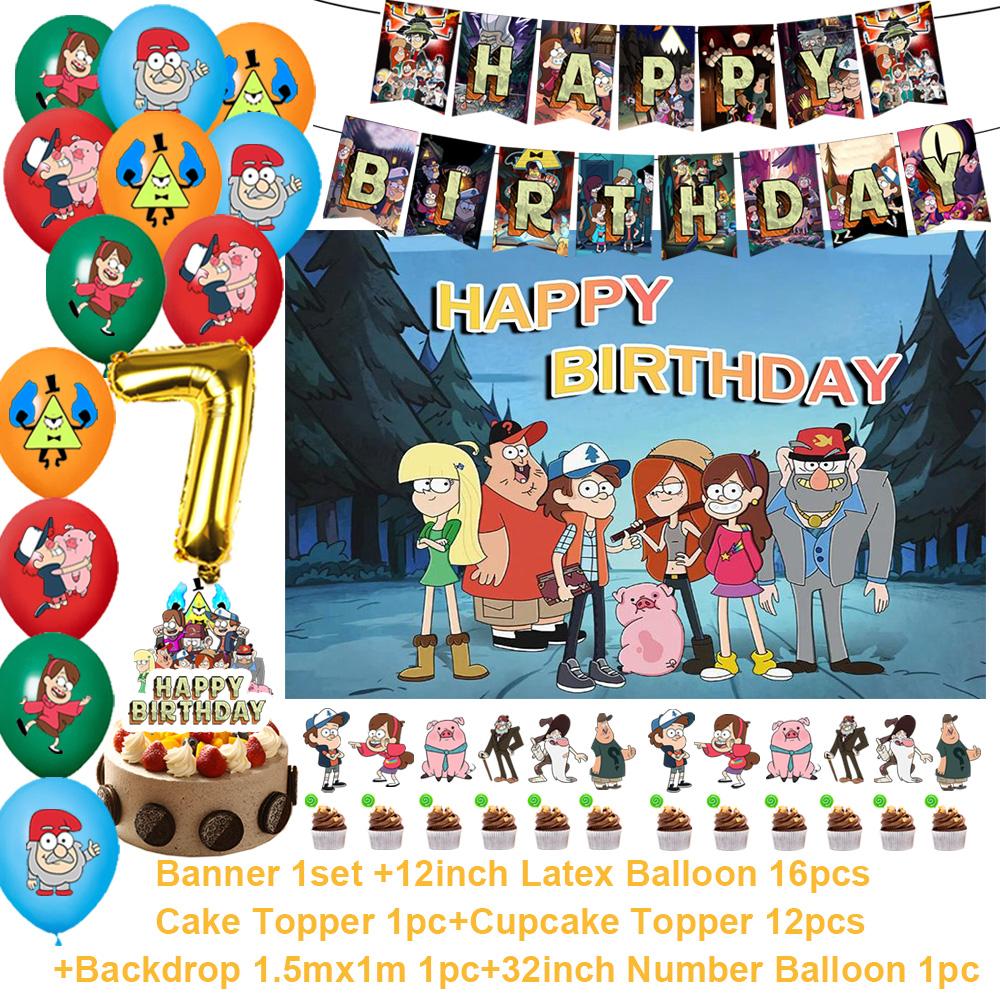 G&Gravity F-Falls Theme Birthday Party Decoration Cartoon Backdrop Banner Cake Topper Number Balloon Baby Shower Party Supplies
