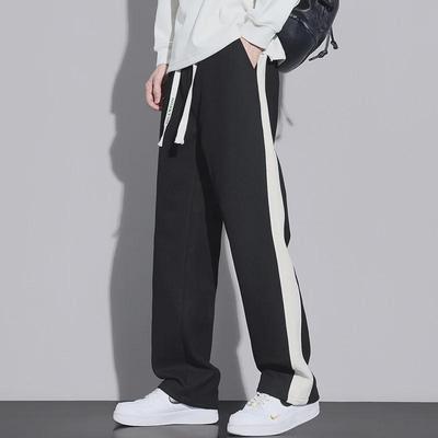 Men's Black & White Contrast Wide-Leg Casual Trousers with Drawstring - Fashionable, Versatile Sportswear