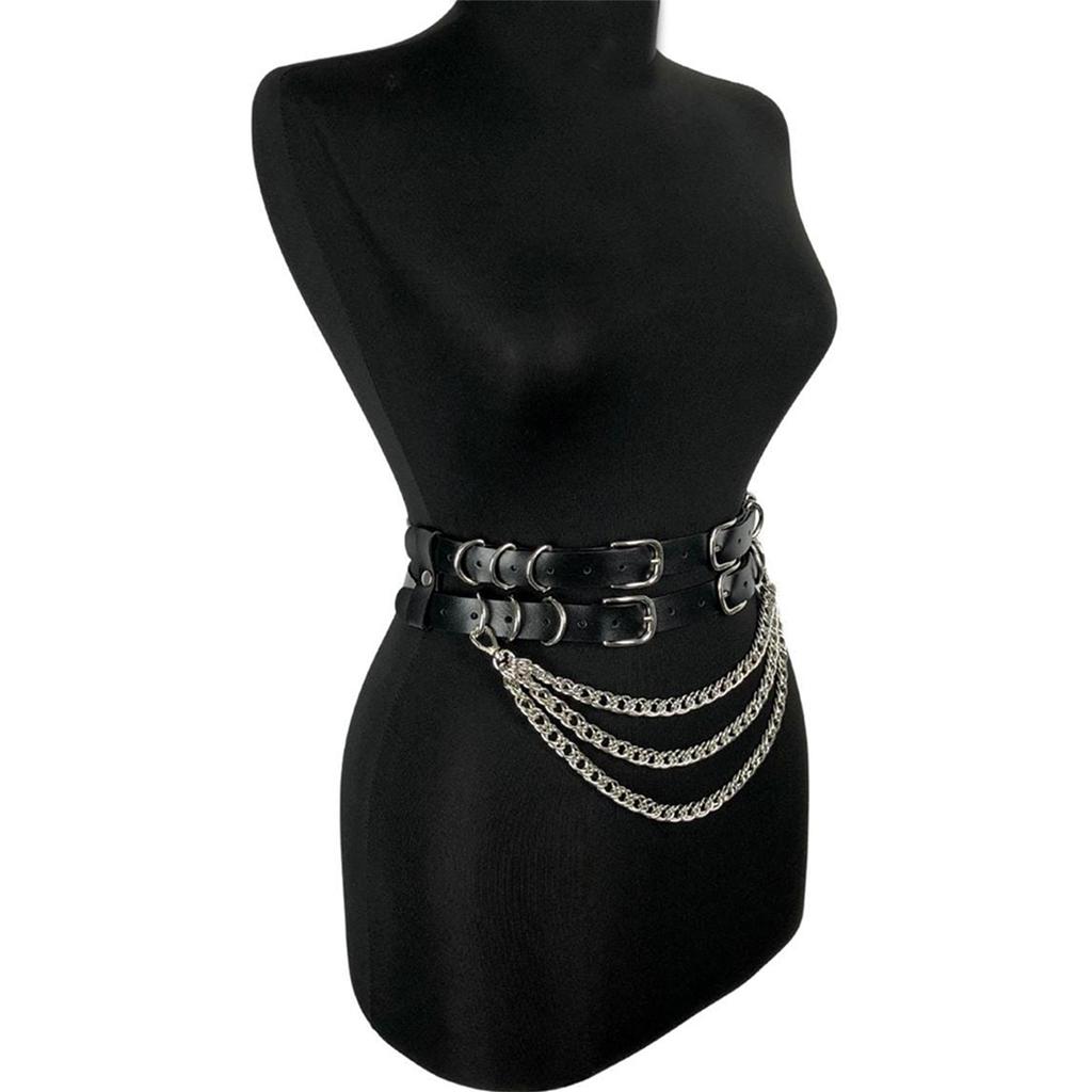 Women'S Fashion  Black Double Belt Chain Belt Leather Strap Daily Wear Accessories Waist Accessories Valentine'S Day Gift