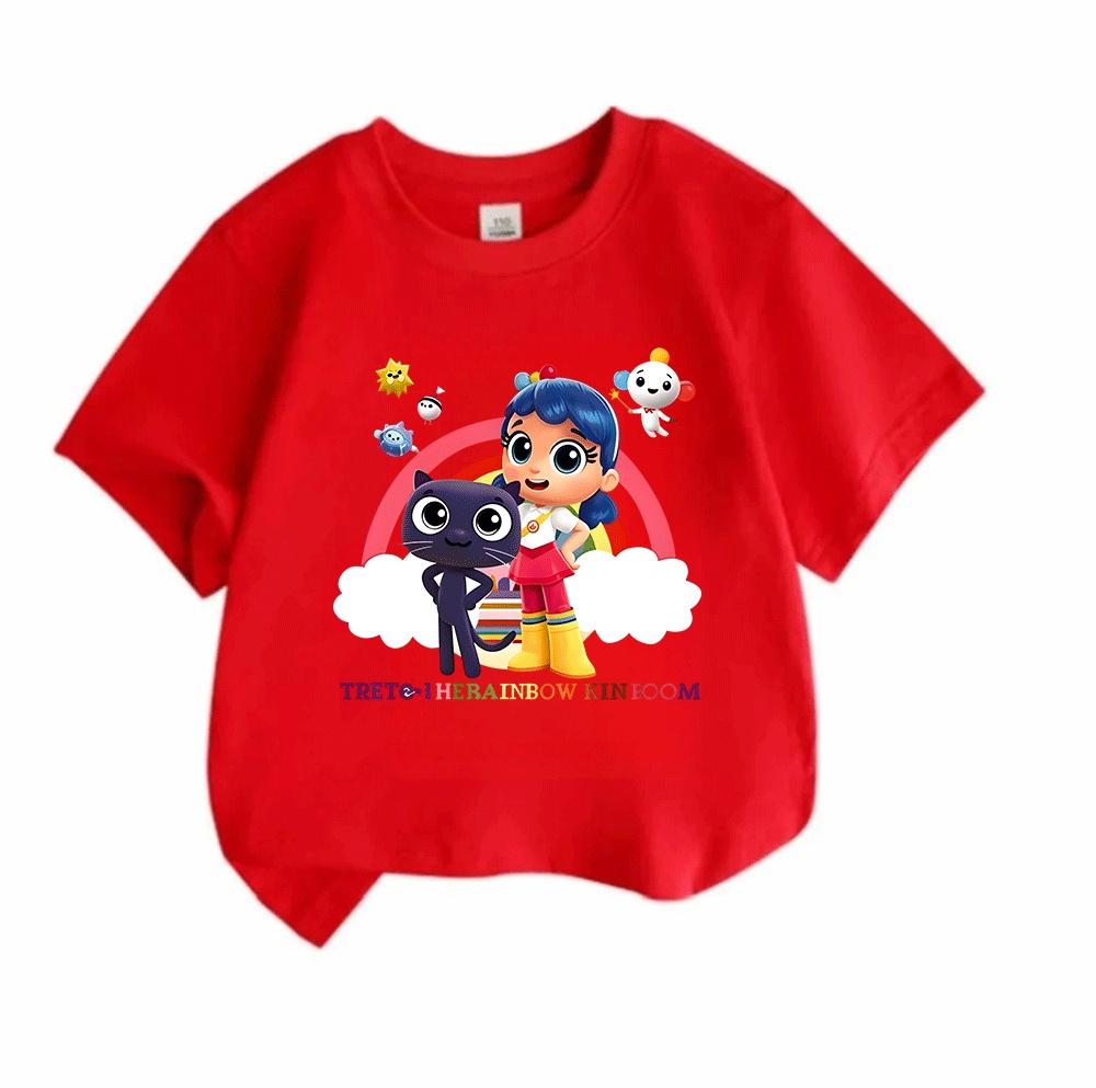 Cartoon Cute Blue Hair Girl Dark Cat Print Kids T Shirt, 100% Cotton Casual Short Sleeve Round Neck Tees for Boys Girls, Lightweight Soft Summer Tops