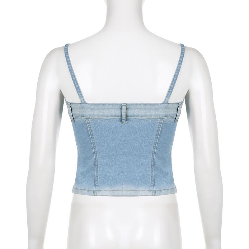 Personality Wash Blue Denim Small Vest Denim Crop Top Pocket Vintage Button Tops