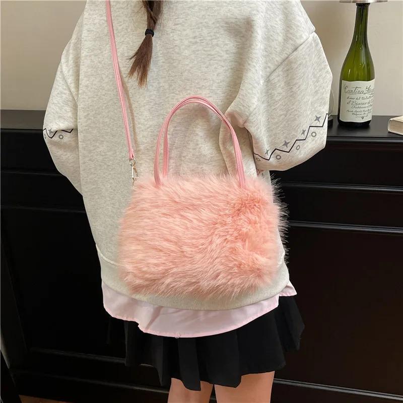 Winter Simple Soft Plush Shoulder Bags for Women Solid Color Ladies Faux Fur Crossbody Bag Versatile Femlae Bucket Handbags