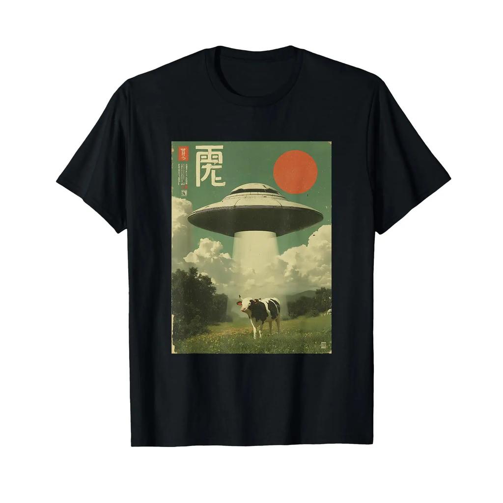 Funny Retro Vintage Japanese Cow Abduction Alien Spaceship T Shirt Vintage Soft Stretched Unisex Stylish Breathable