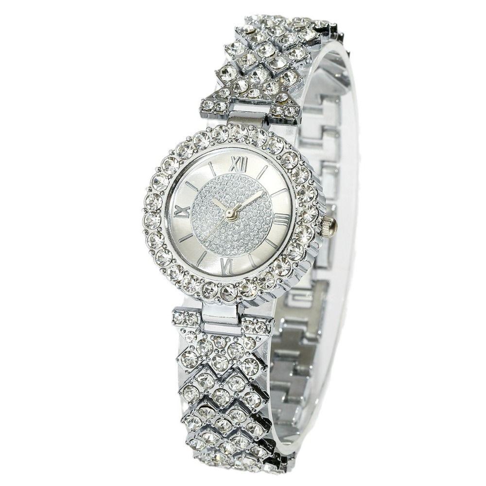 6Pcs/set Luxury Crystal Quartz Watch Shiny Necklace Bracelet Earrings Set  Ladies