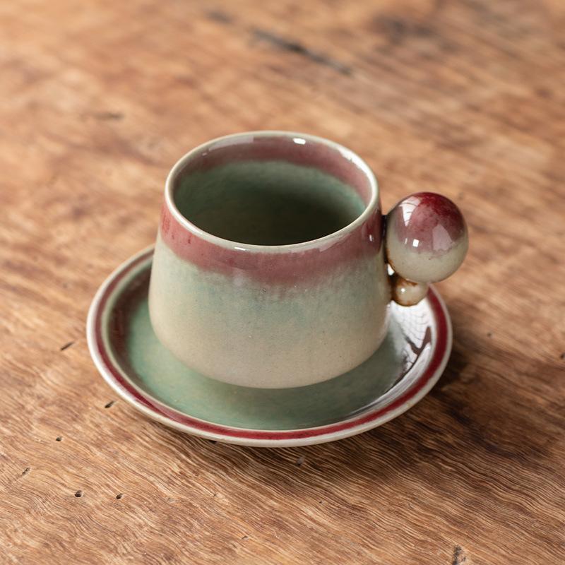 Ensemble Tasse à Café et Soucoupe en Céramique Créative, Tasse à Eau Ronde Rétro à Changement de Four, Tasse en Céramique de Poterie Grossière pour le Thé de l'Après-Midi