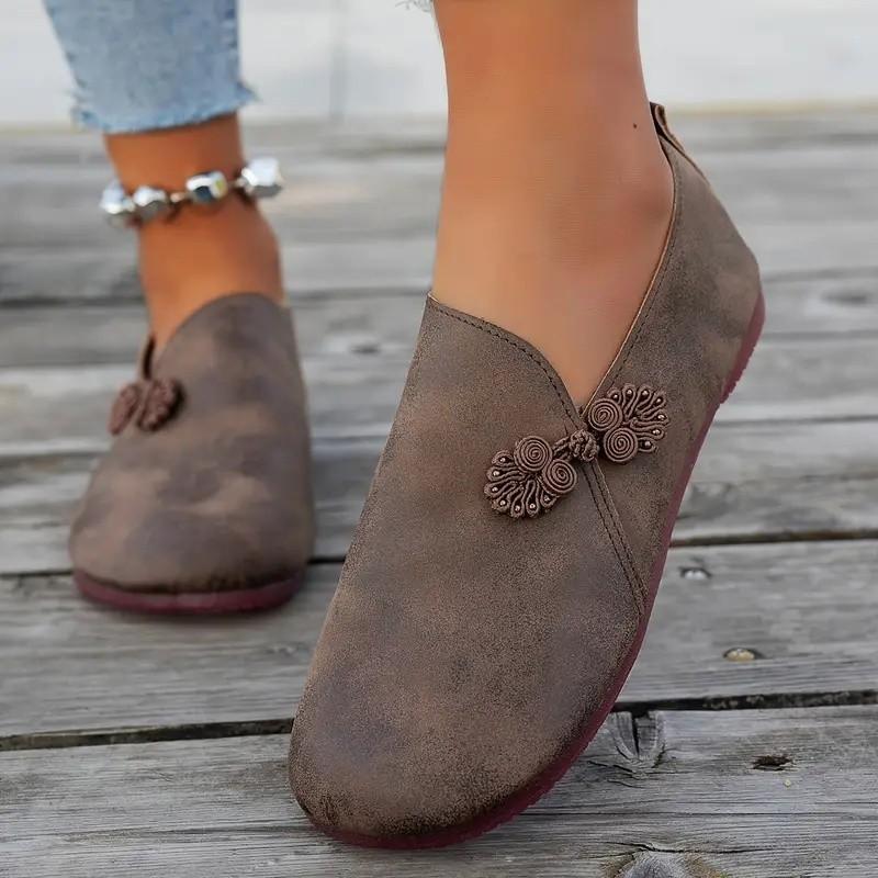 Flat Shoes New Ethnic Style Retro Buckle Light Mouth Single Shoes Black New Chinese Low Heel