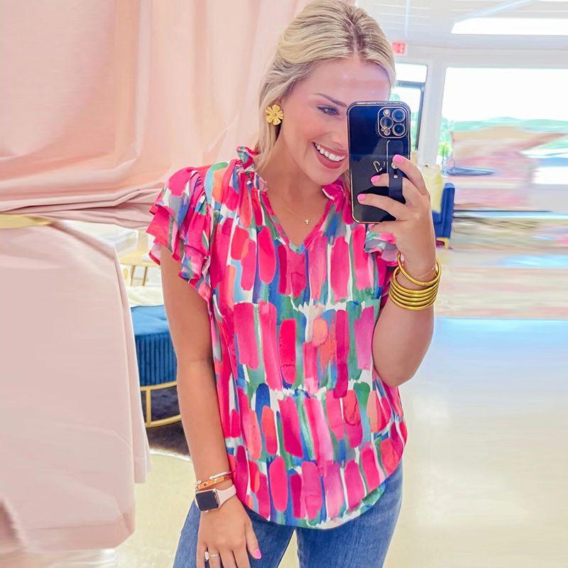 

Summer Loose Thin Short Sleeve Pullover Shirt Women 2024 Fashion Abstract Printing Fashion Half Sleeve V Neck Tops Women Rose P620 S code fits (45.00 kg-55.00 kg