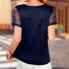 Women V Neck Satin Short Sleeve Top Mesh Sheer Sleeve Blouse Lightweight Loose Fit Casual T Shirt for Summer Spring Work Daily Wear