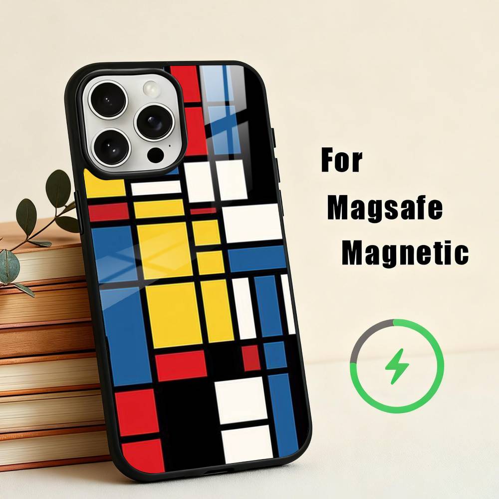 Grid T-TOPLBPCS M-Mondrian  Phone Case For iPhone17,16,15,14,13,12,11 Plus,Pro Max Magnetic For Magsafe Wireless Charging