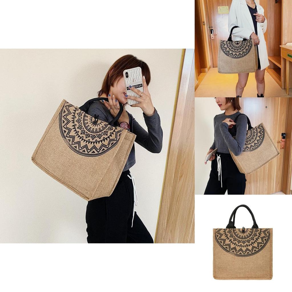 Tote Printed Flax Bag For Women Large Capacity Shoulder Bag With Commuter Casual