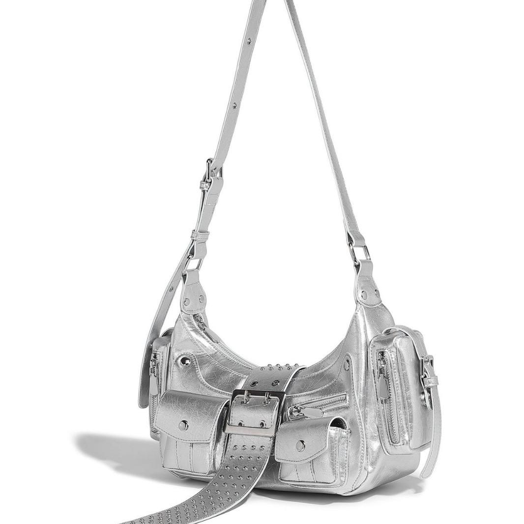

2025 Trendy Single Shoulder Underarm Motorcycle Bag Niche Punk Style Hot Girl Versatile Rivet Belt Buckle Handbag срібний