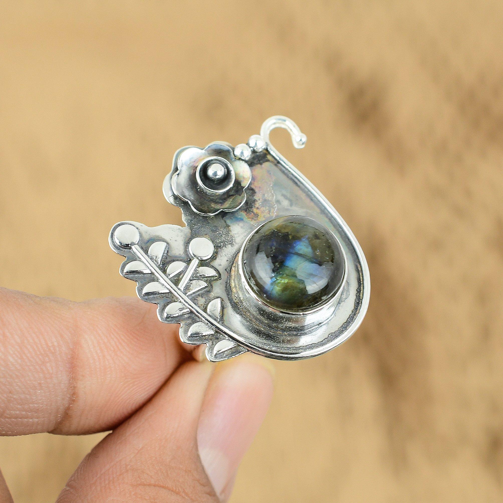 

925 Silver Labradorite Gemstone Promise Engagement Statement Flower Ring Jewelry Yes