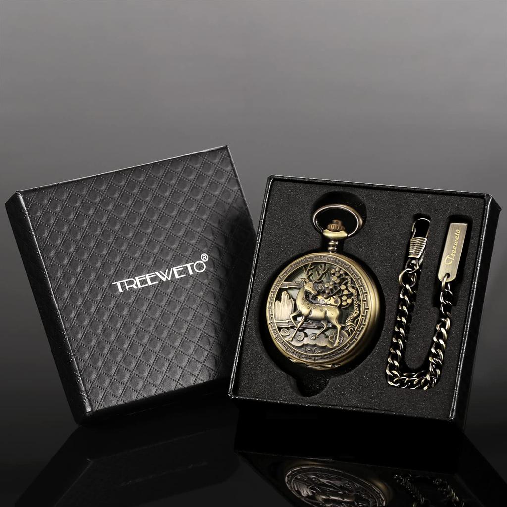 TREEWETO Mechanische Taschenuhr mit Hirsch-Design, Hohlgehäuse, Steampunk-Bronze, Römische Ziffern und Kette