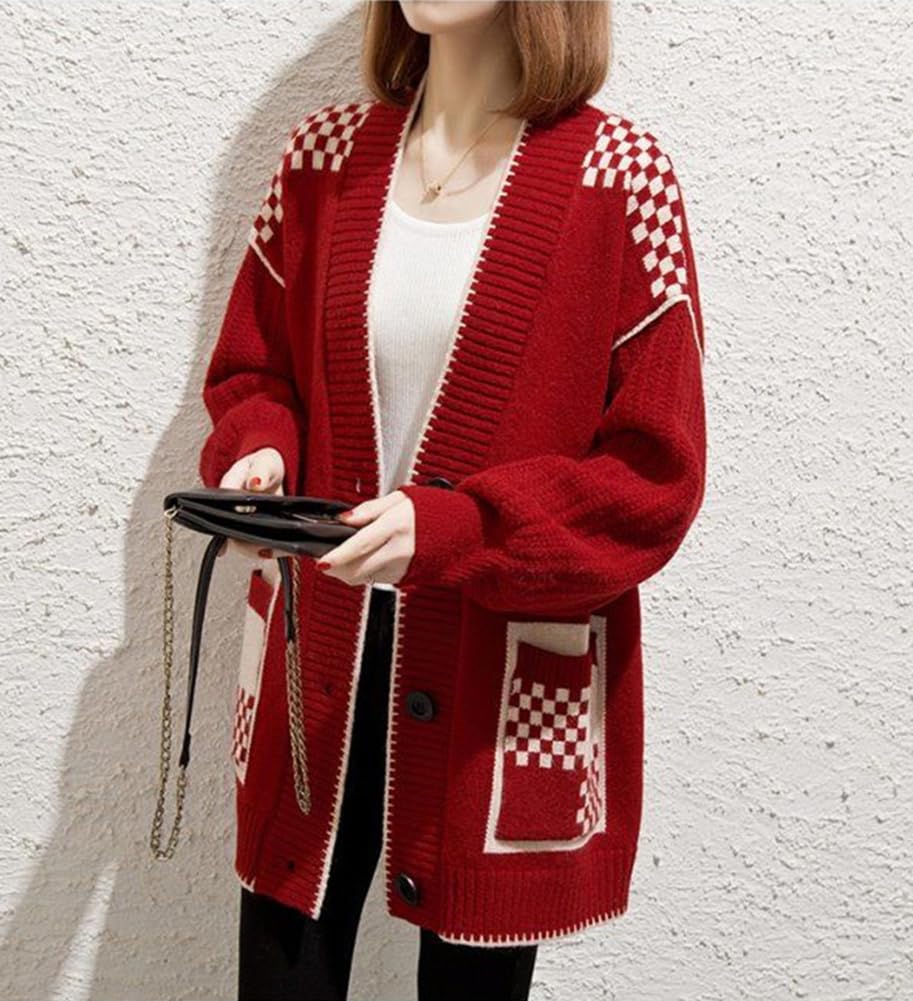 TASOGARA Knit Cut and Sewn One Size Fits Loose Plus Women's Cardigan, Sweater, Outerwear, V-Neck, Most, Fit, Casual, Sizes, Fall/Winter (Red)