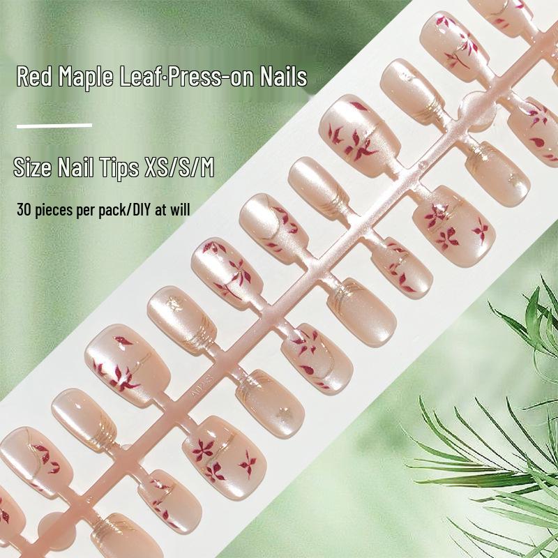 

Red Maple Leaf Autumn Gilded Cat Eye Press-On Nails - 30 Pcs