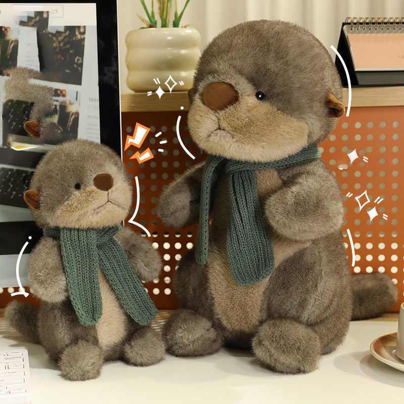 Cute Otter Plush Toy with Scarf Soft Stuffed Animal Doll Fluffy Throw Pillow for Kids Adults Creative Birthday Christmas Gift