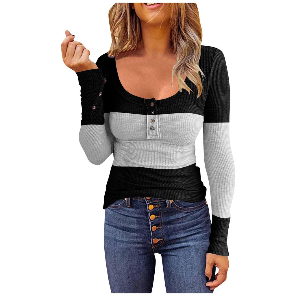 Women's Gradient Color T-shirt Round Neck Pullover Button Long Sleeve Fashion Slim Top