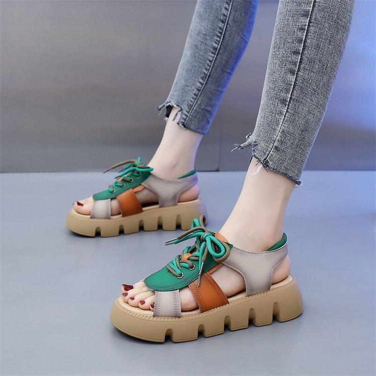 Women Leather Thick Soles Sandals Retro Wedges Slides Comfortable Outdoor Platform Sandal