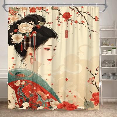 Asian Woman Shower Curtain Japanese Kimono Cherry Blossom Landscape Ink Painting Art Polyester Fabric Bathroom Decor Curtain Set
