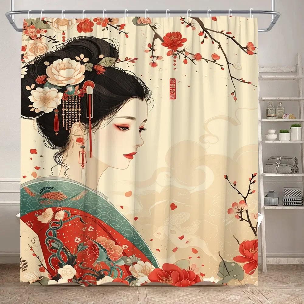 Azjatka Zasłona Prysznicowa Japońskie Kimono Kwiat Wiśni Krajobraz Malarstwo Tuszem Sztuka Poliester Tkanina Dekoracja Łazienki Zestaw Zasłon