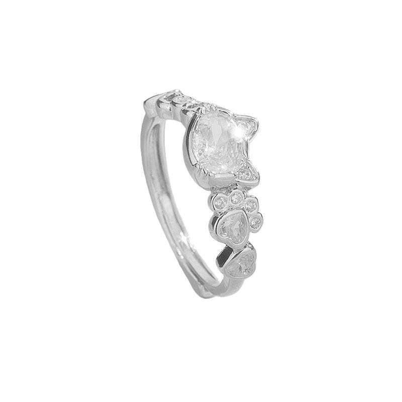 

925 Sterling Silver Jewelry Cute Crystal Cat Dog Paw Print Finger Rings for Women Wedding Party Jewelry For Girls Friend Gift resizable