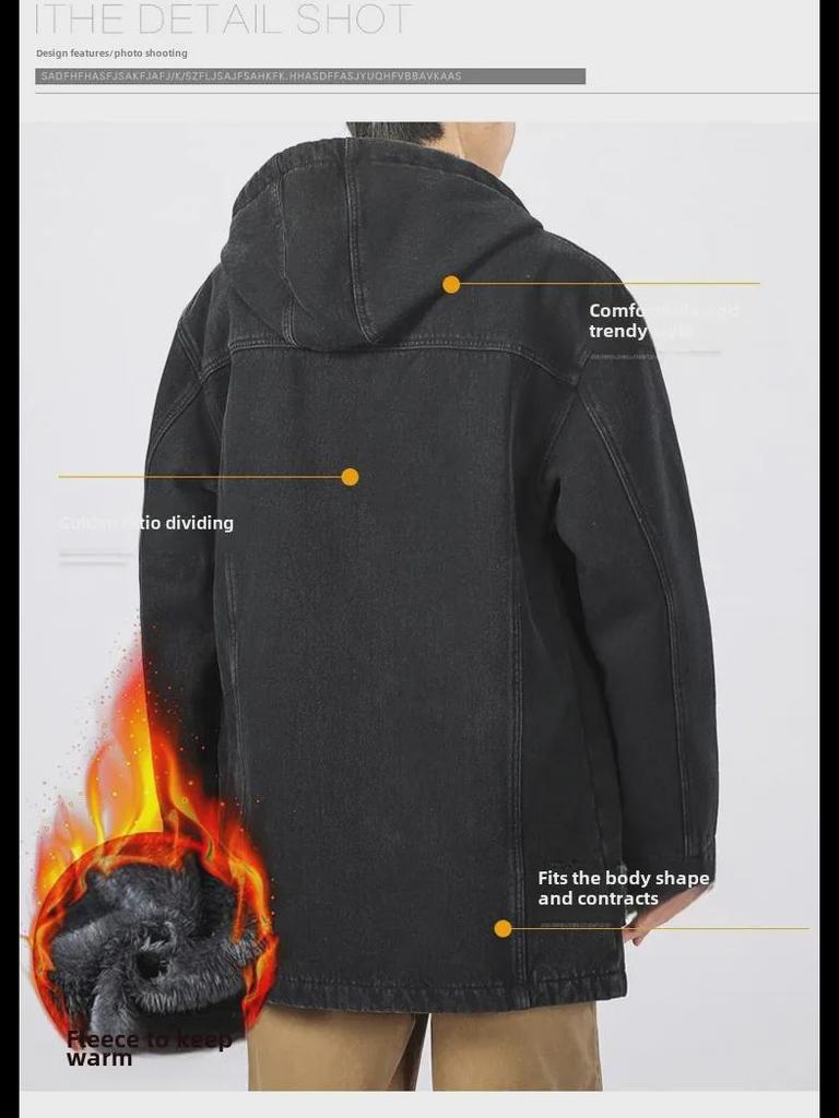 Men's Winter Fleece-Lined Loose-Fit Denim Jacket with Hood - Trendy Mid-Length Lambskin Windbreaker