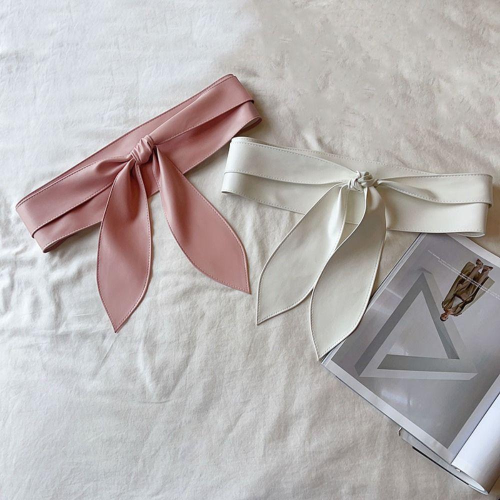 Waist Belts PU Leather Waist Belt Ribbon Knotted Belt Vintage Wide Belt  Trouser Decoration