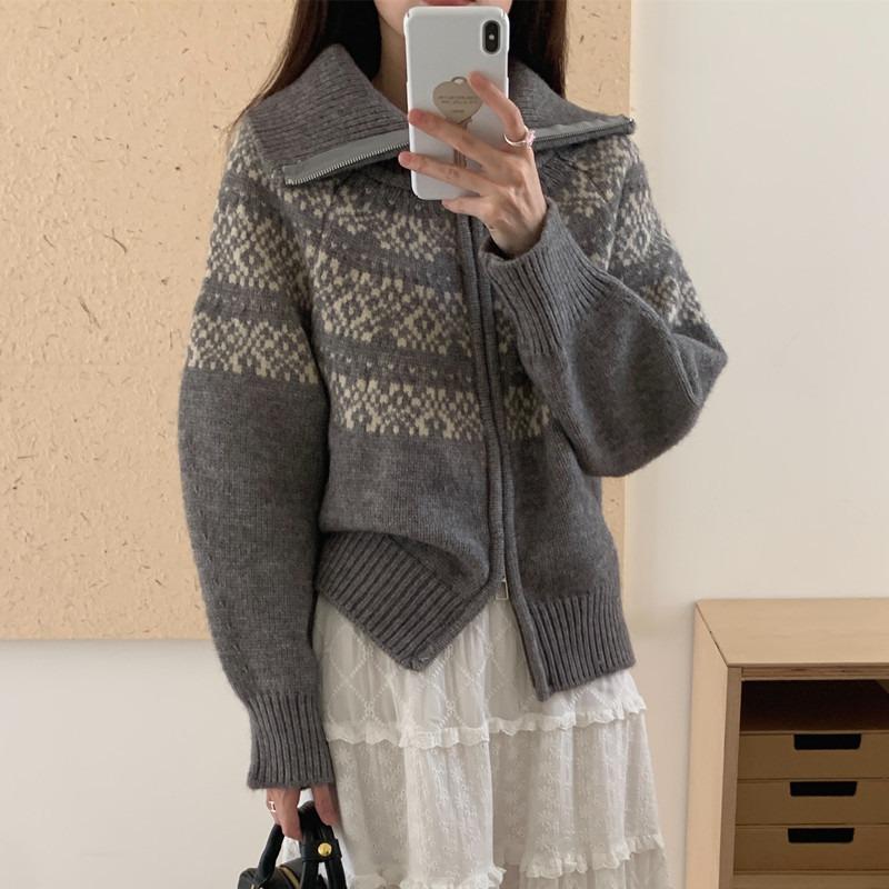 Fair Isle Jacquard Zipper Knitted Cardigan Autumn and Winter New Top Christmas Retro Sweater