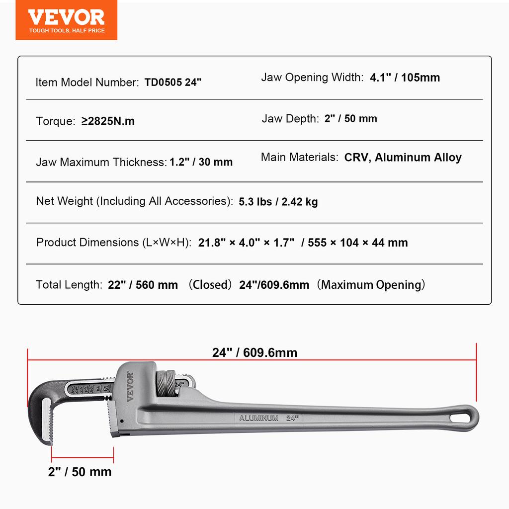SucceBuy Pipe Wrench Aluminum Straight Pipe Wrench Adjustable Plumbing Wrench High Strength Jaw & Ergonomic Handle Automotive