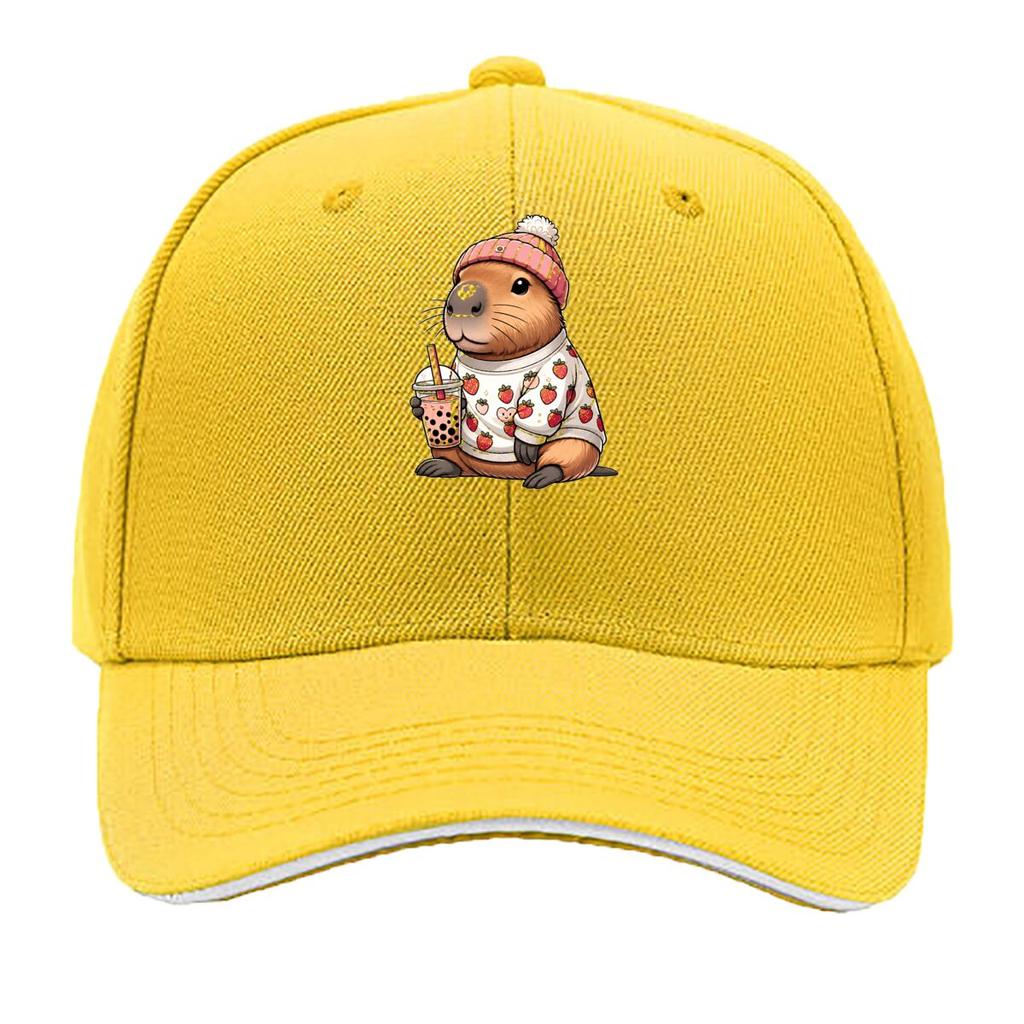 Cute Capybara Strawberry Sweater Holding Bubble Tea Sandwich Baseball Cap Unisex Women Sun Cap Outdoor Workouts Hat